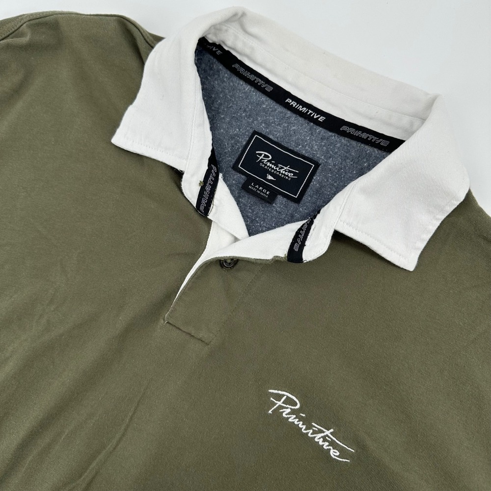 Primitive Skateboarding Mens Large Olive Green Long Sleeve Rugby Polo Shirt